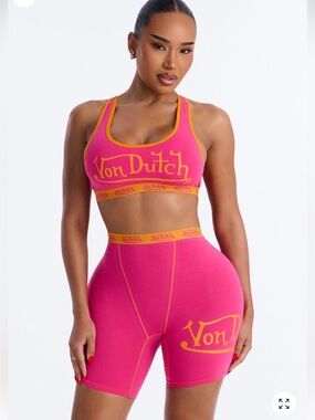 BRAND NEW! TAGS ON! Von Dutch Hot Pink & Yellow High-Rise Bike Shorts and top!